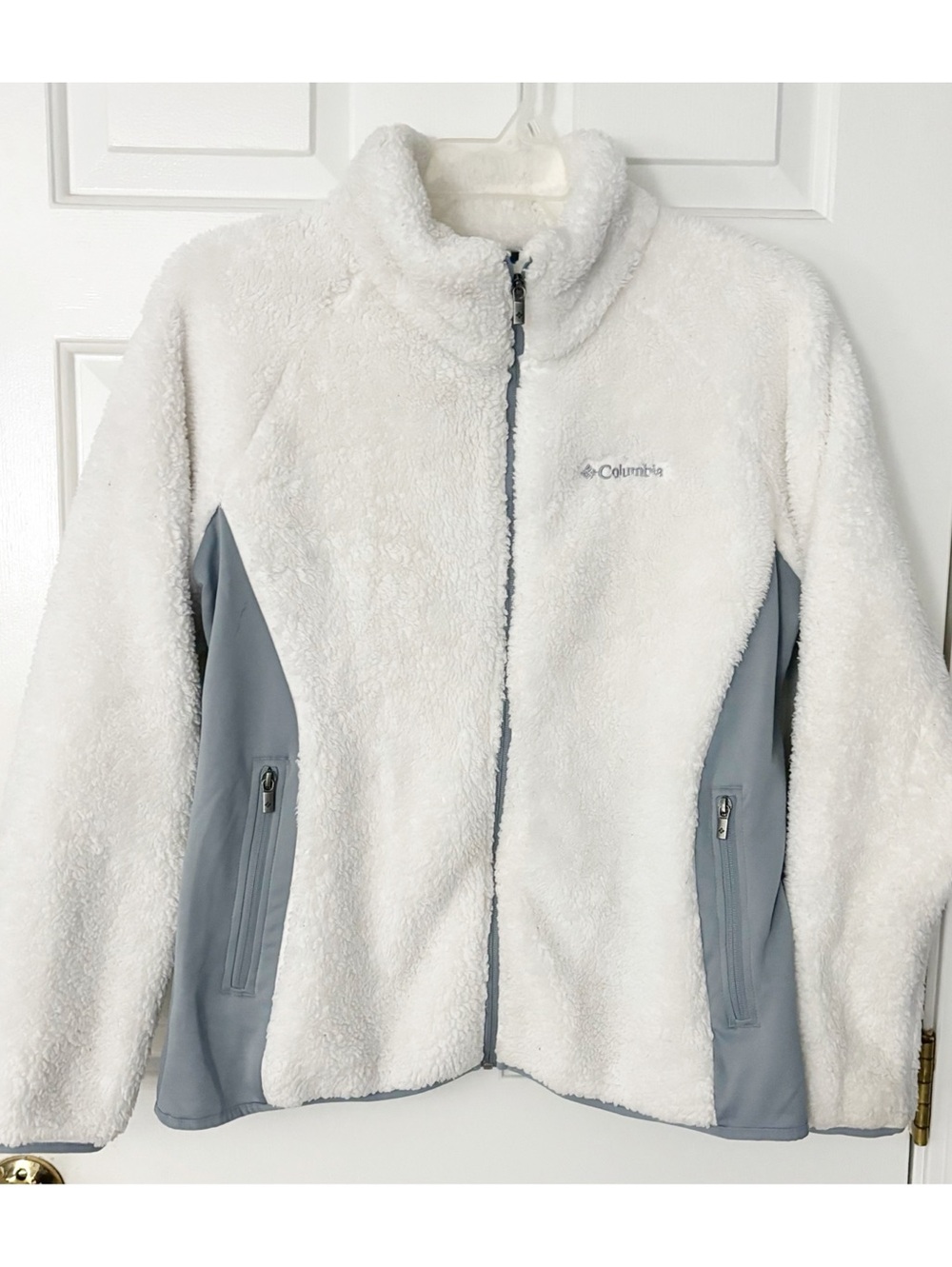Columbia Women's White & Grey Soft Fluffy Fleece Jacket Full Zip w/Pockets Sz XL